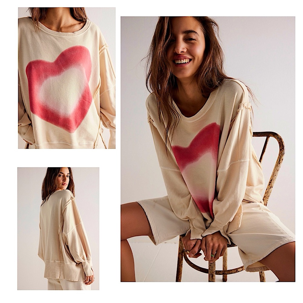 NEW Free People Graphic Heart Camden Pullover Sweatshirt